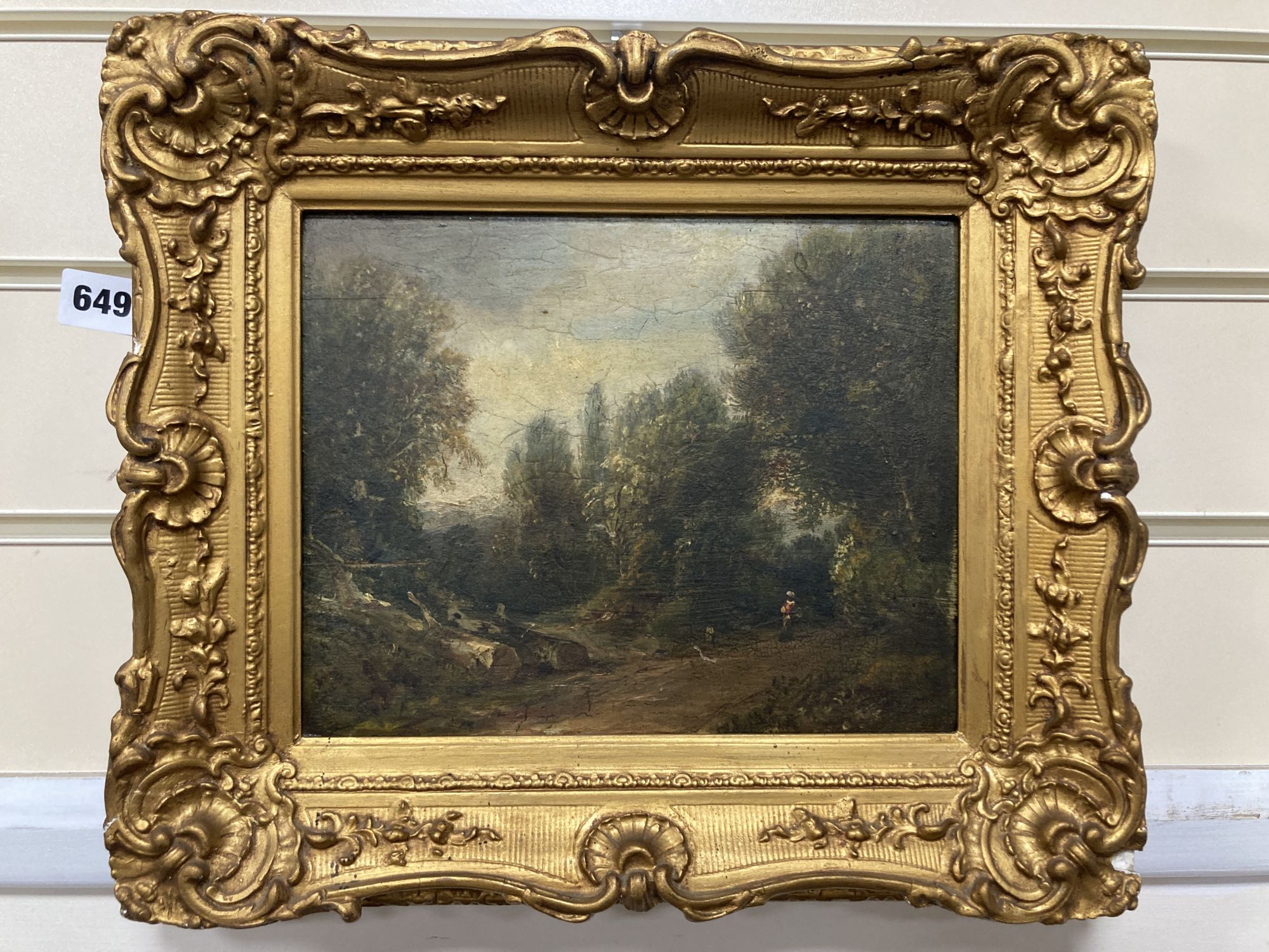 Barbizon School, oil on wooden panel, Figure on a lane in woodland, 19 x 24cm